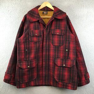 40s 50s Vintage Woolrich Coat, Red and Black Mackinaw Plaid Wool Jacket L